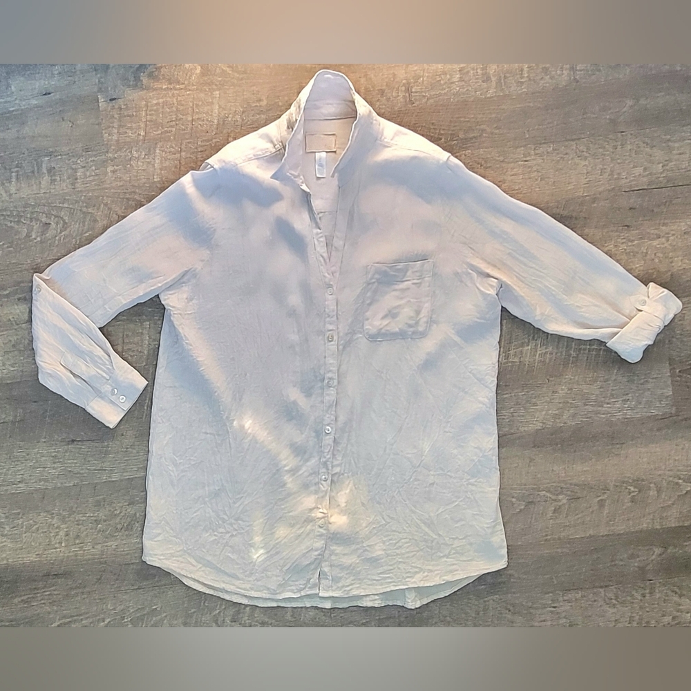 Sigrid Olsen 100% Linen Button Down Shirt Women's L Oatmeal Long Roll Tab Sleeve - Picture 6 of 10